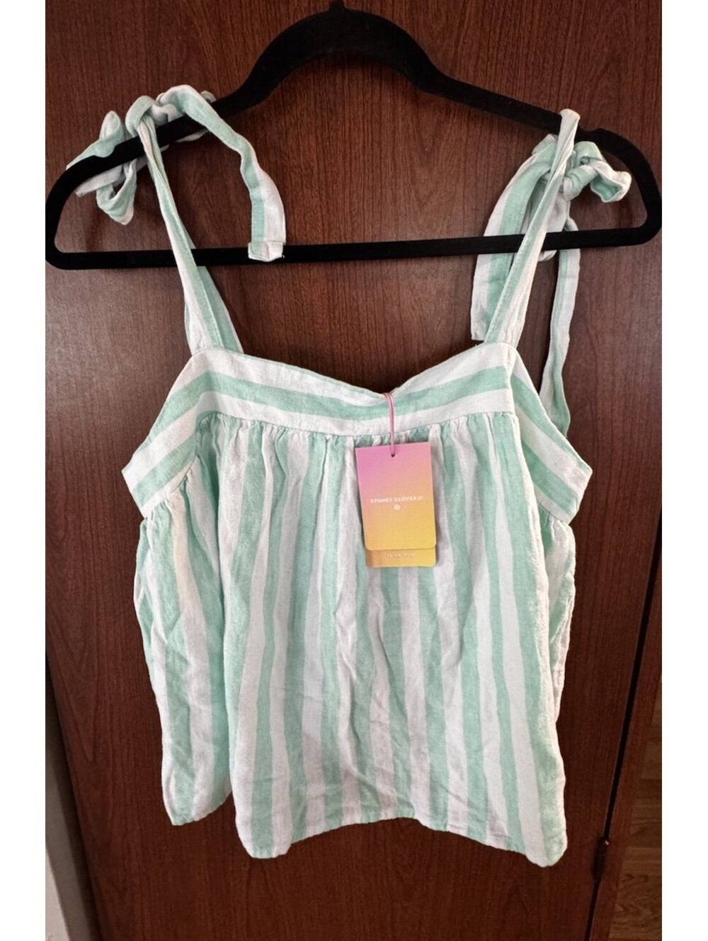Stoney Clover Lane Target Linen Blend Tie Strap Tank Top Green Stripe M NWT